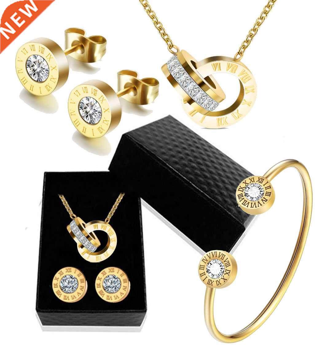 luxury roman numeral necklace earring bracelet set for women