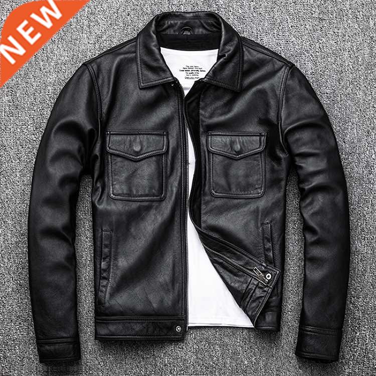 Free Shipping.Genuine Leather jacket.Winter casual black Men