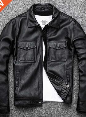 Free Shipping.Genuine Leather jacket.Winter casual black Men