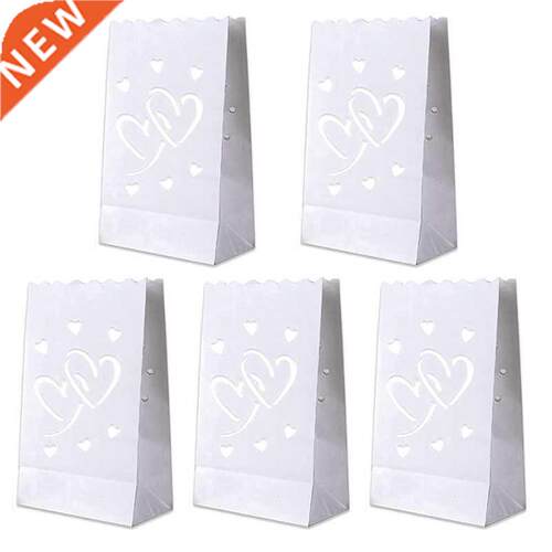 50 PCS White Luminary Bags With Hearts, Flame Resistant Cand