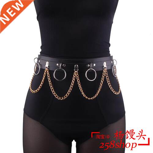 Women Punk Leather Belt Metal Chain Ring Waist Strap Decor