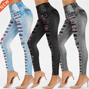 Leggings Long Women Yoga Size Faux Jeans Denim Big