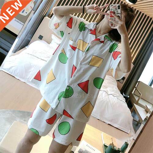 2022 New Women's Short Sleeve Pajamas Set Lapel Crayon Shinc
