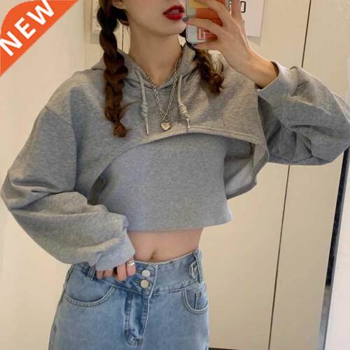 Women Cropped Hoodie Korean Clothing Solid Long Sleeve Loose