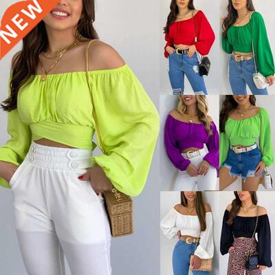 Short Blouse Women Long Sleeve Slash Neck Lace Up Slim Casua