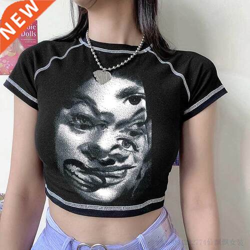 Human Face Printed Vintage Graphic Top Short Sleeve Y2K O-Ne