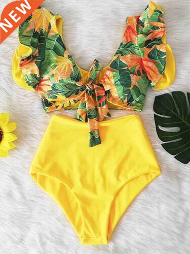 Floral Ruffled Hem Bikini Set Women Flora V-Neck High-Waiste
