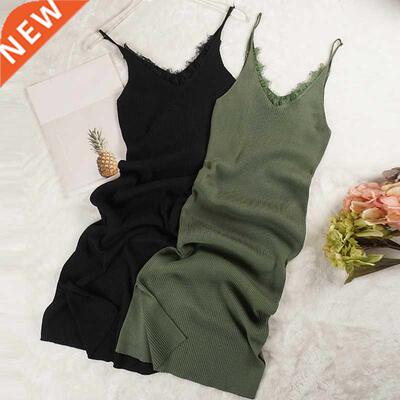 New Women Spaghetti Strap Dresses Split V-Neck Lace Patchwor