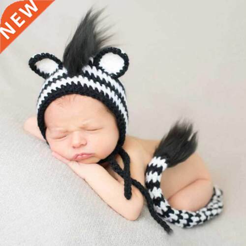 2 Pcs Baby Zebra Design Hat Tail Set Handmade Knitted Cloth