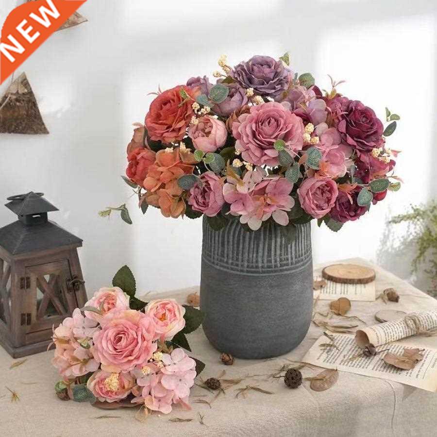 Artificial Flowers Retro Silk Rose Bouquet Hydrangea Peony V图片