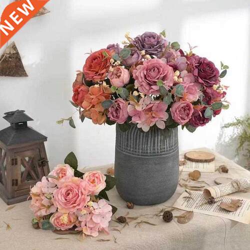 Artificial Flowers Retro Silk Rose Bouquet Hydrangea Peony V