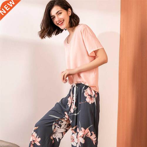 Summer Pajamas Set Women Comfortable Cotton Viscose Contrast