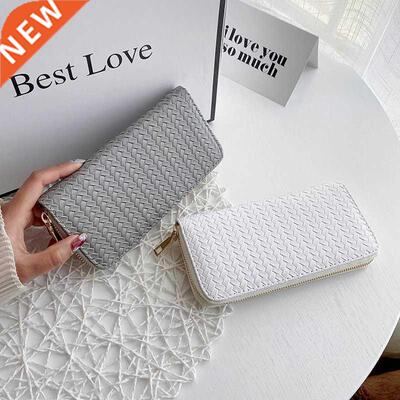 2022 Women Weave Wallet Leather Wrist Handle Phone Case Long