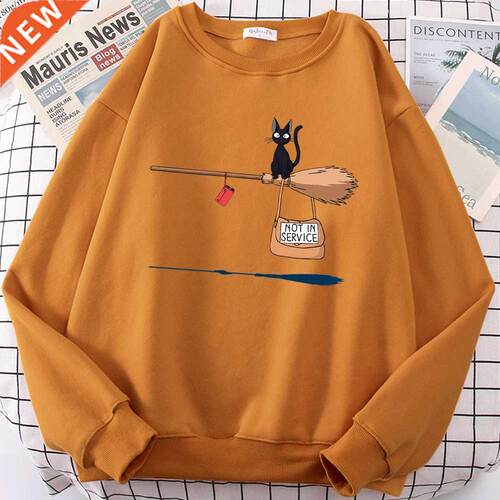 Cute Cat Not In Service Print Hoodies Women Casual Crewneck