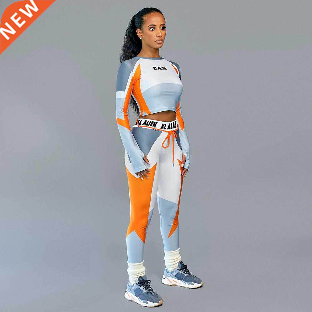 WOMEN LONG SLEEVE CROPTOP SLIM OUTFIT TRASUIT TWO PIECES Set - 实物图