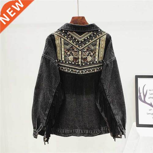 Denim Jacket Korean Floral Embroidery Suede Fringe Loose Cha
