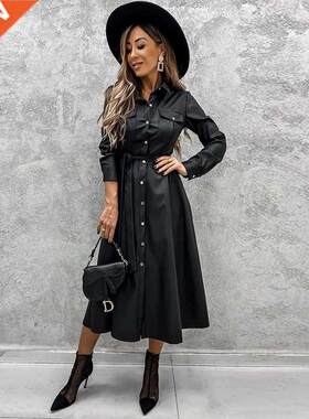 Women Office Lady PU A line Solid Turn Down Collar Single Br