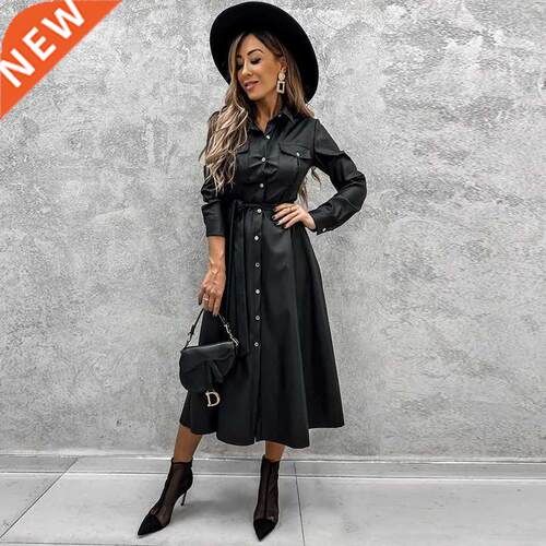Women Office Lady PU A line Solid Turn Down Collar Single Br