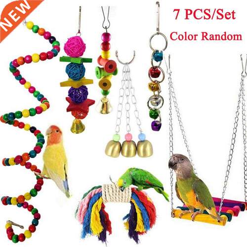 Cute 7PCS/Set Parrot Birds Toy Kit Swing Hanging Bells Woode