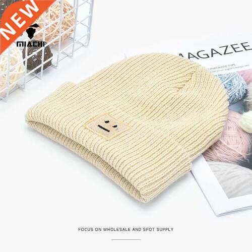 Embroidered Knitted Hat With Sad Expression, Warm Woolen Hat