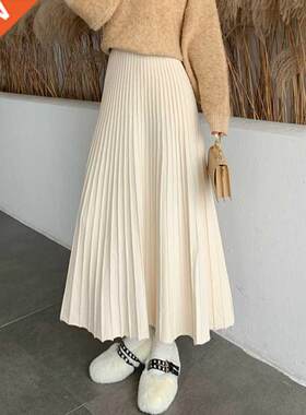Winter Thickened Rib Knitted Large Swing Maxi Long Skirts El