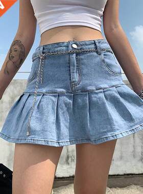 y2k Pink Denim Pleated Skirts Mini Solid Casual Woman Fashio
