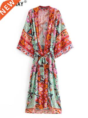 Boho Women Peacock Print Bat Sleeve Beach Bohemian Kimono Ro