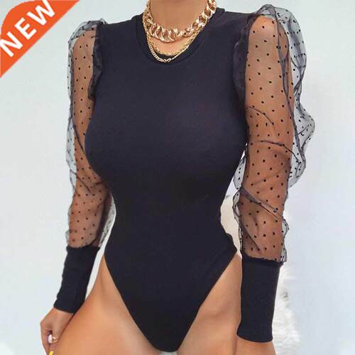 2020 New Lace Puff Sleeve Women's Bodysuit Autumn Polka Dot
