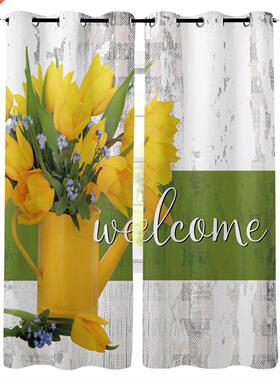 Wood Grain Flower Tulip Retro Window Curtains Kitchen