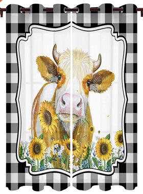 Country Style Cow Sunflower Plaid Window Curtains Kitchen