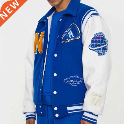 Neutrals Blue Varsity Bomber Jacket Man Contrast Sleeve PU L