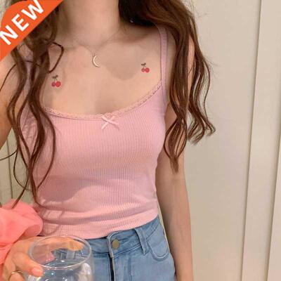 2022 Summer New Bow Lace Edge Crop Tops Off Shoulder Spaghet