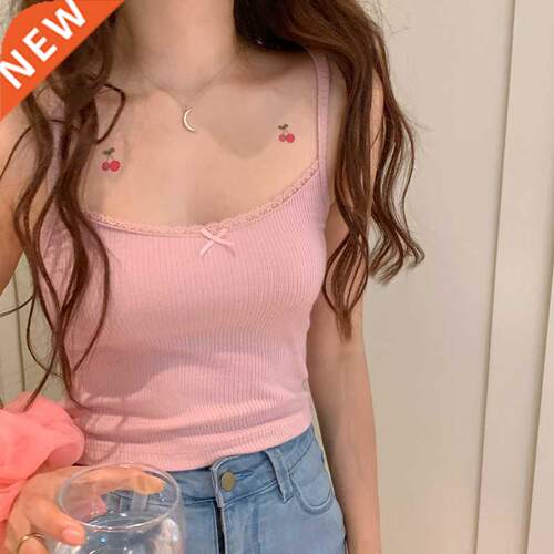 2022 Summer New Bow Lace Edge Crop Tops Off Shoulder Spaghet