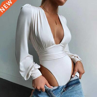 The new long-sleeved deepV waist pleated temperamentjumpsuit
