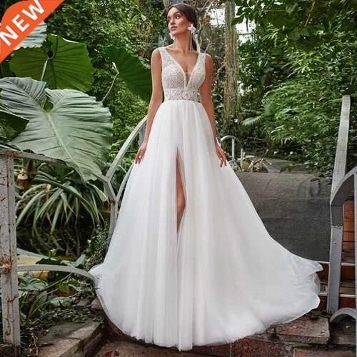 Summer Tulle Boho Slit Wedding Dress 2021 Elegant V-Neck Sle