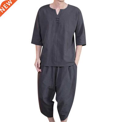 Cotton-hemp Summer 2021two Piece Set Men Short Sleeve T Shir