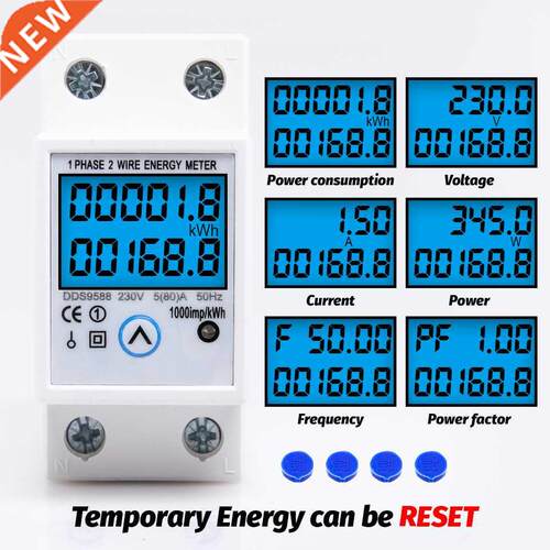 Din Rail Single Phase Energy Meter Reset Zero kWh Voltage Cu