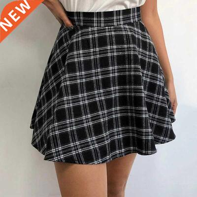 Vintage Preppy Style High Waist Plaid Print A-line Mini Skir