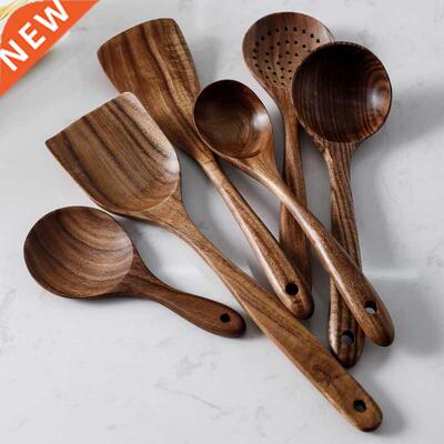 7pcs/set Teak Natural Wood Tableware Spoon Ladle Turner Rice