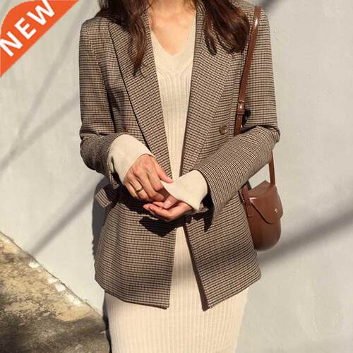 Vintage Double Breasted Office Ladies Plaid Blazer Long Loos