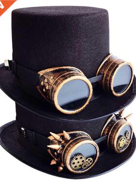 Vintage Black Steampunk Top Hat Gear Glasses Punk Hat Gothic