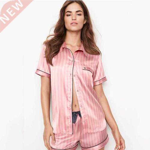 Summer Pajamas for Women Satin Silk Stripes Sleepwear Pyjama