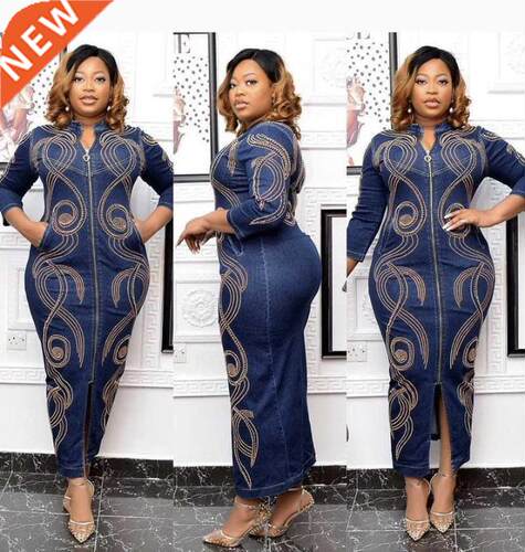 Denim African Dresses for Women 2022 Diamond Plus Size Afric