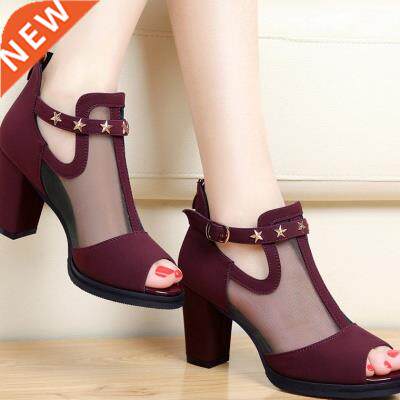 Women Pumps High Thick Black Heels Ladies Shoes Rivet Mesh Z
