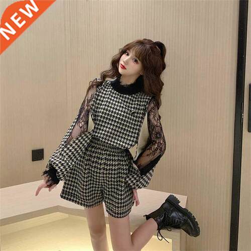 hollow stitching lace sleeves stand collar loose + high wai