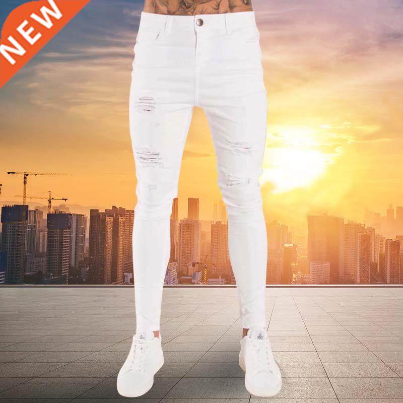 2021 new mens jeans hip hop white moto skinny ripped pure co