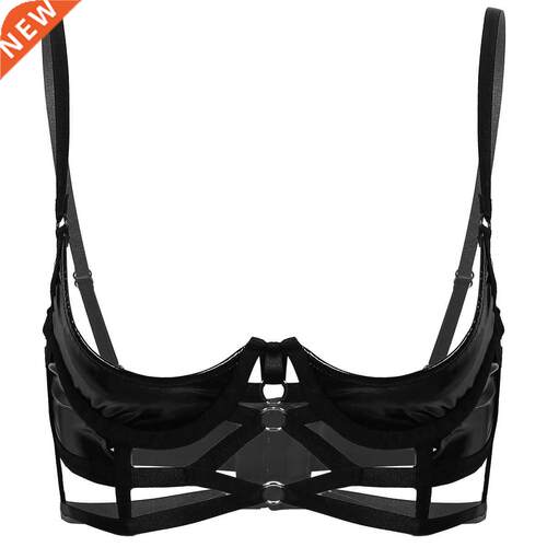 Womens Lingerie Open Breast Bras Wet Look Patent Leather Spa