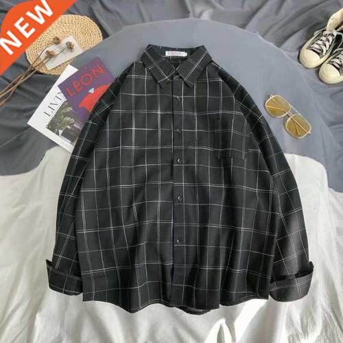 Spring and autumn Hong Kong style ins plaid shirt men