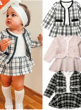 2PCS Autumn Winter Spring Party Baby Girls Clothes Plaid Coa