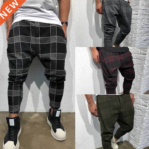 Mens Jogger Cargo Pants Casual Fitness Plaid Straight Leg Tr